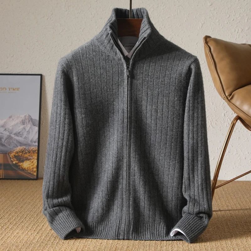 Men 100 Percent Merino Wool Stand Up Collar Cardigan Zipper Coat