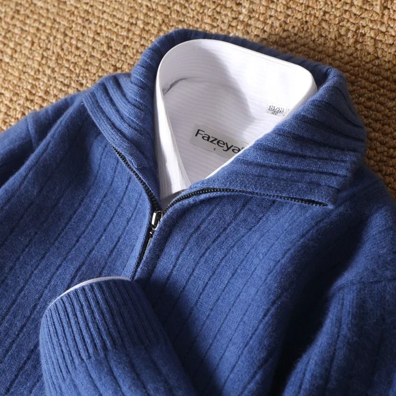 Men 100 Percent Merino Wool Stand Up Collar Cardigan Zipper Coat