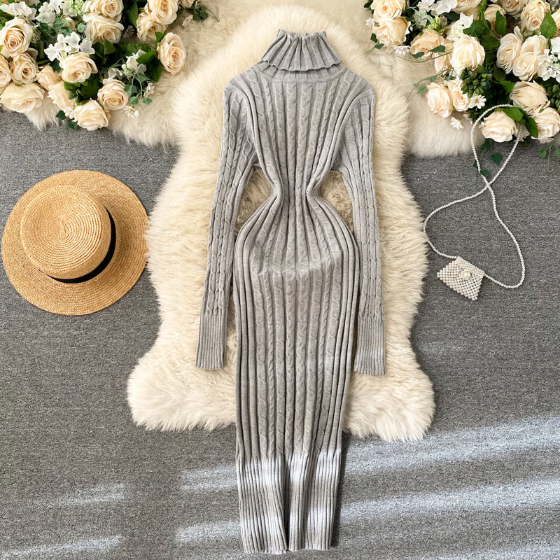 Sheath Knitwear Office Dress, Wrap Knitted Long Sleeve, Bodycon Dress Female