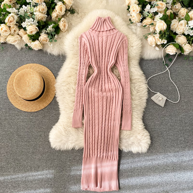 Sheath Knitwear Office Dress, Wrap Knitted Long Sleeve, Bodycon Dress Female