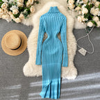 Sheath Knitwear Office Dress, Wrap Knitted Long Sleeve, Bodycon Dress Female