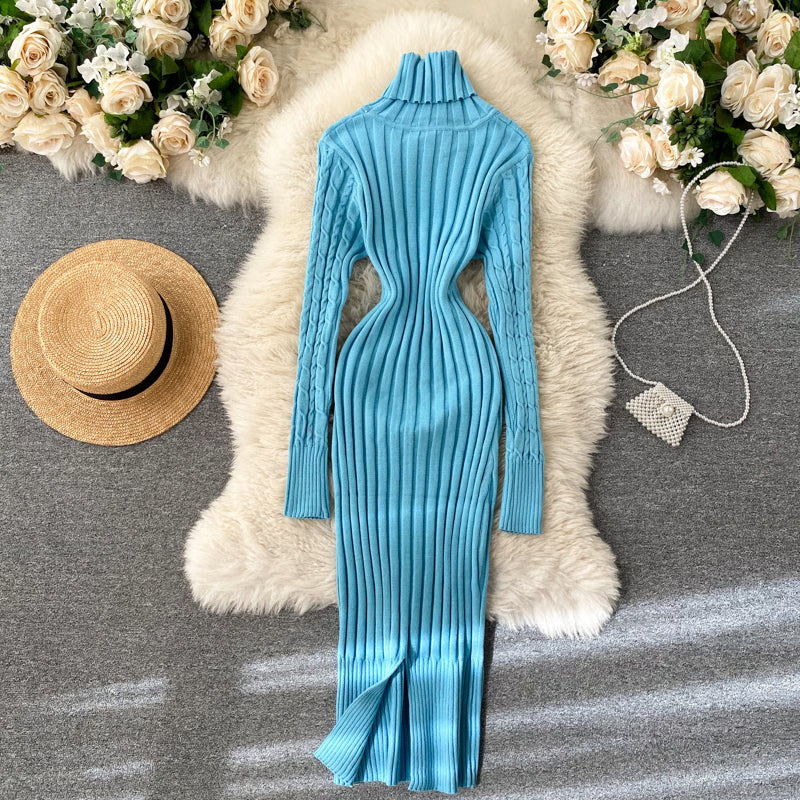 Sheath Knitwear Office Dress, Wrap Knitted Long Sleeve, Bodycon Dress Female