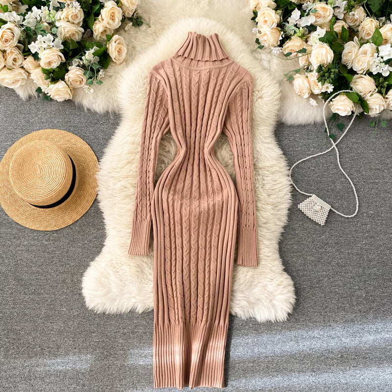 Sheath Knitwear Office Dress, Wrap Knitted Long Sleeve, Bodycon Dress Female
