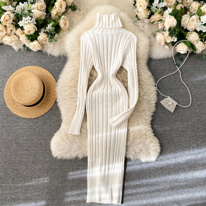 Sheath Knitwear Office Dress, Wrap Knitted Long Sleeve, Bodycon Dress Female