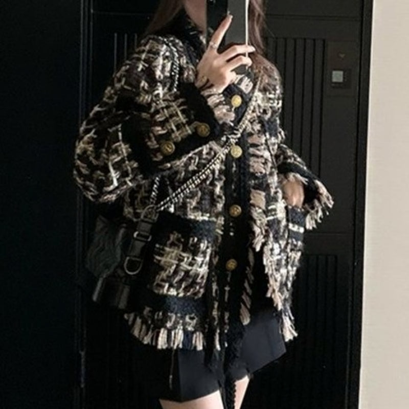 Chic Tweed Jacket, Women's Plaid Blazer with Tassel, Long Sleeve Streetwear and Office Coat for Spring Autumn