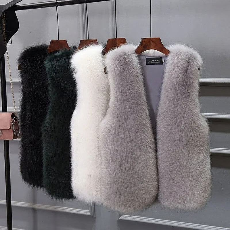 Warm Fox Faux Fur Vest for Women Slimming Cotton Lined Outerwear
