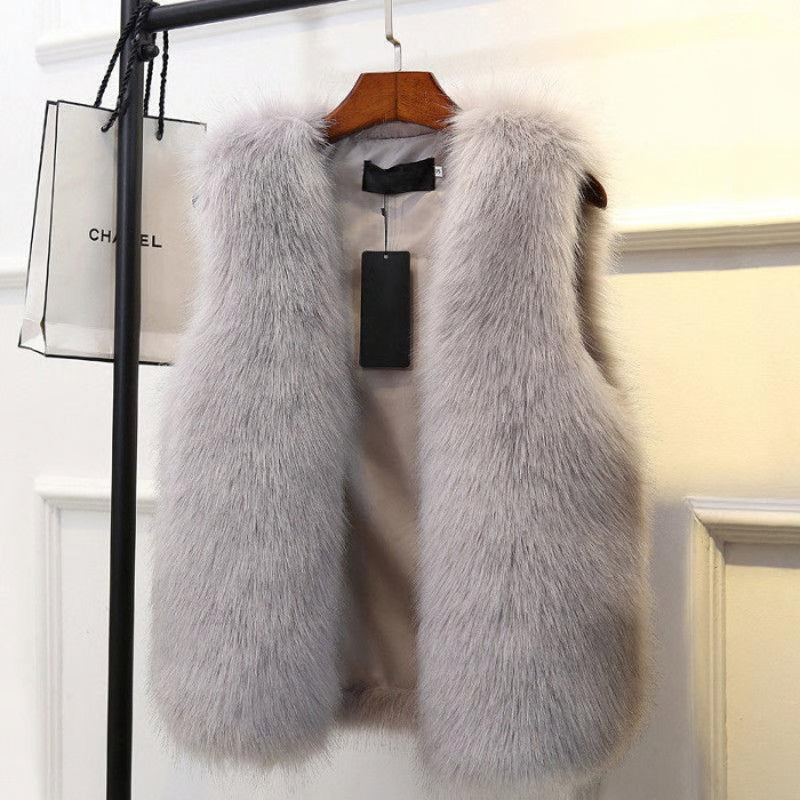 Warm Fox Faux Fur Vest for Women Slimming Cotton Lined Outerwear