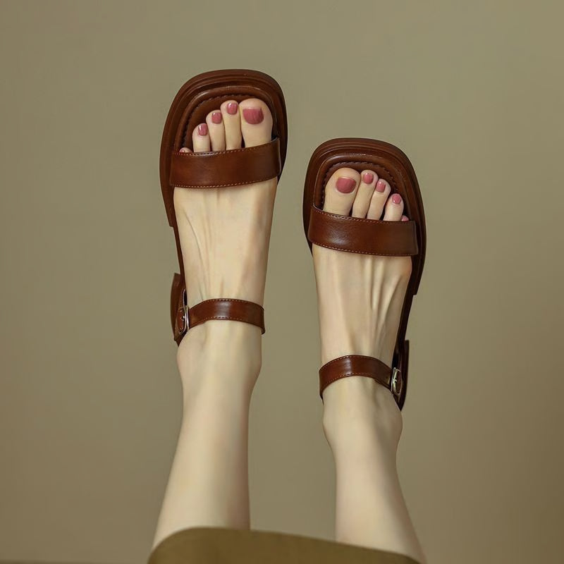 Genuine Leather Summer Women Sandals, Low Heel Casual Office Shoes, Outdoor Concise Ladies Comfortable Footwear