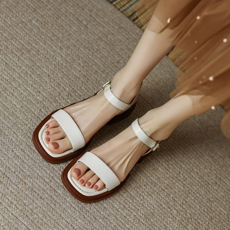 Genuine Leather Summer Women Sandals, Low Heel Casual Office Shoes, Outdoor Concise Ladies Comfortable Footwear