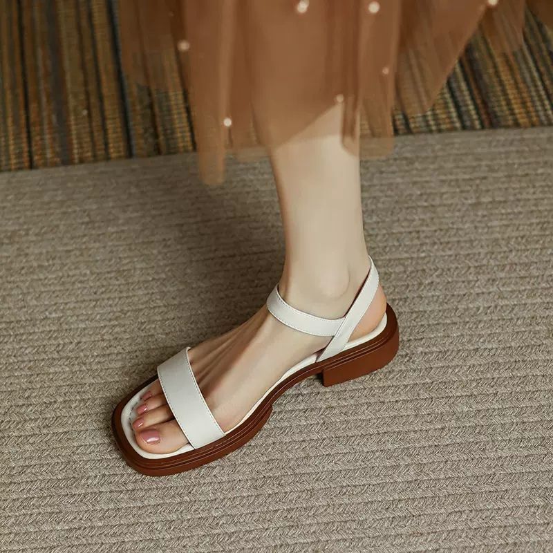 Genuine Leather Summer Women Sandals, Low Heel Casual Office Shoes, Outdoor Concise Ladies Comfortable Footwear