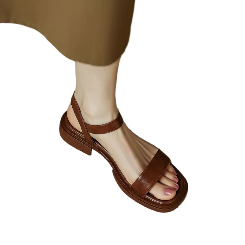 Genuine Leather Summer Women Sandals, Low Heel Casual Office Shoes, Outdoor Concise Ladies Comfortable Footwear