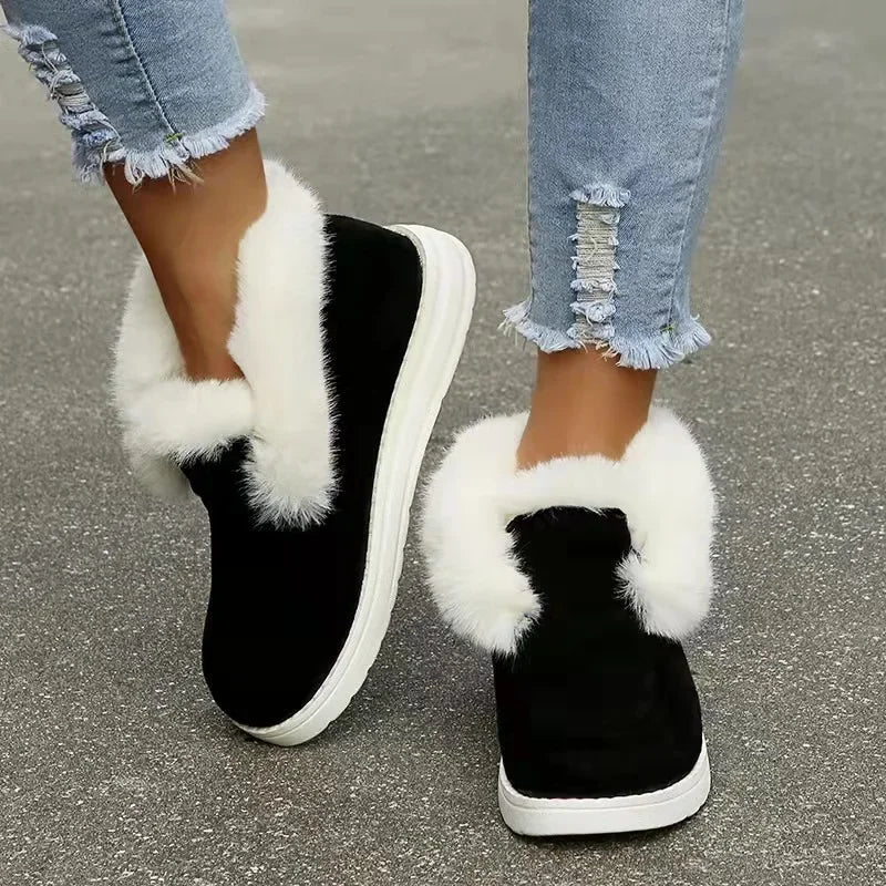 Womens Winter Warm Plush Fur Snow Boots, New Ladies Slip-On Comfortable Ankle Boots, Casual Female Footwear