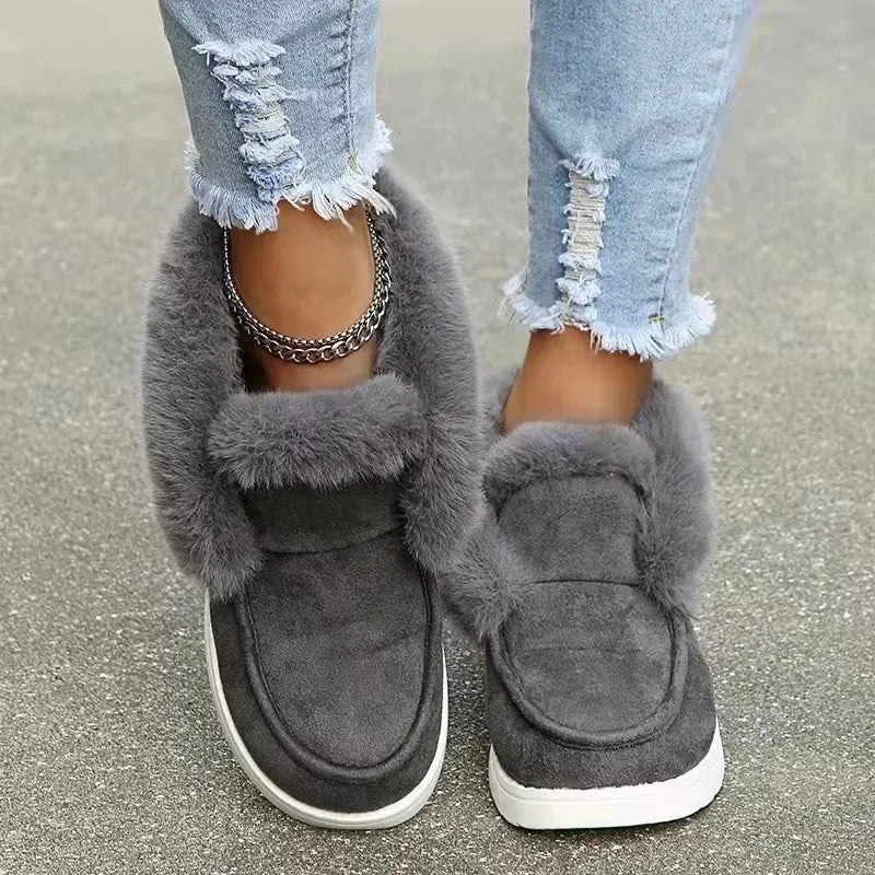 Womens Winter Warm Plush Fur Snow Boots, New Ladies Slip-On Comfortable Ankle Boots, Casual Female Footwear