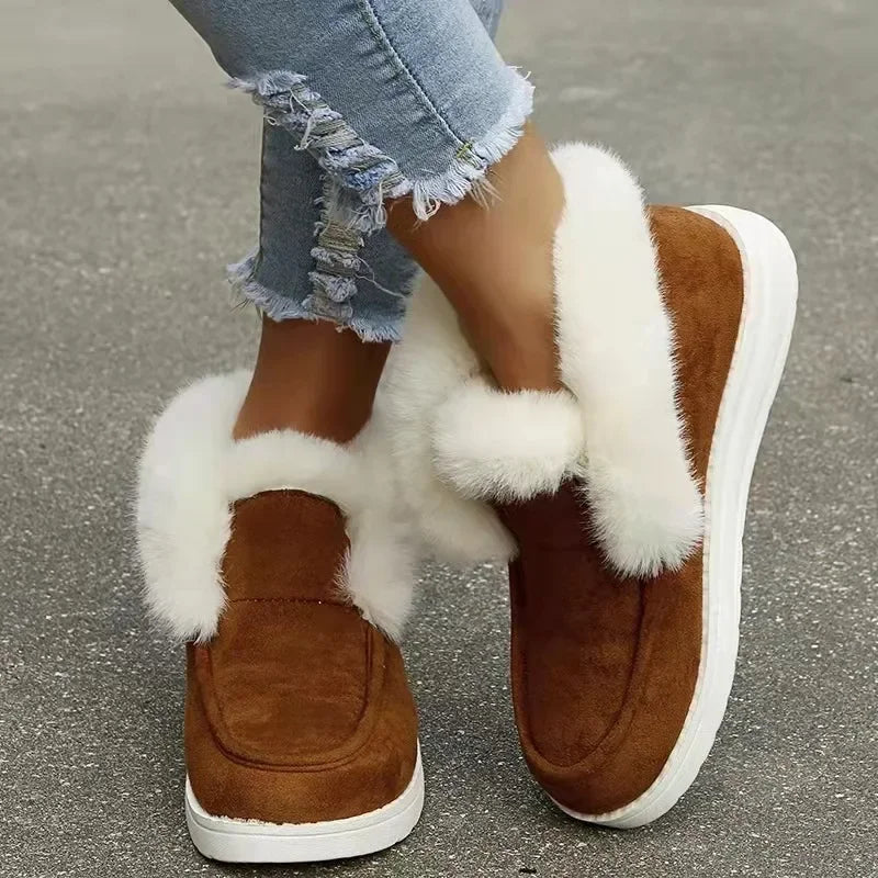 Womens Winter Warm Plush Fur Snow Boots, New Ladies Slip-On Comfortable Ankle Boots, Casual Female Footwear
