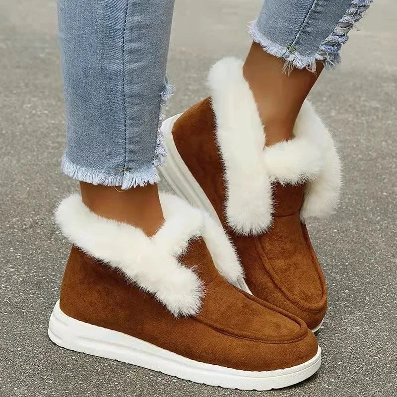 Womens Winter Warm Plush Fur Snow Boots, New Ladies Slip-On Comfortable Ankle Boots, Casual Female Footwear