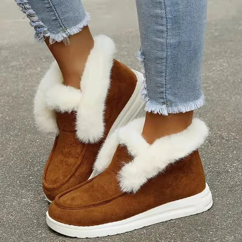 Womens Winter Warm Plush Fur Snow Boots, New Ladies Slip-On Comfortable Ankle Boots, Casual Female Footwear